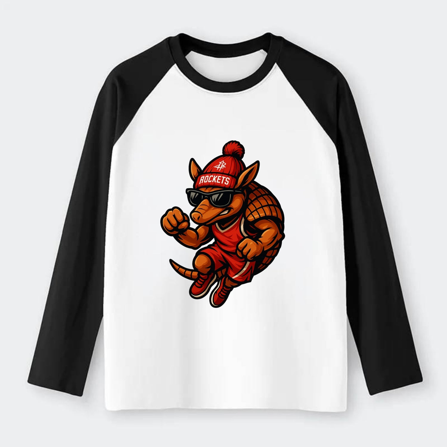 Houston Armadillo wearing Rockets red and silver beanie with rocket - Raglan Long Sleeve T-Shirt - Black