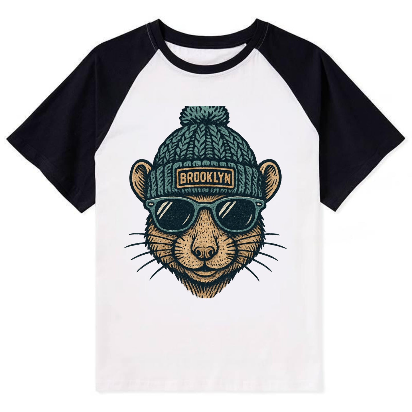NYC Rat wearing Brooklyn beanie with pom pom and wayfarer sunglasses - Contrast Raglan T-shirt - Black