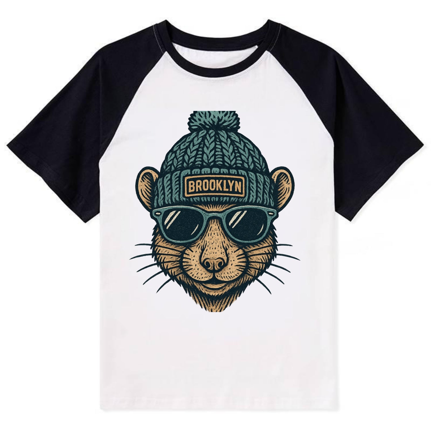 NYC Rat wearing Brooklyn beanie with pom pom and wayfarer sunglasses - Contrast Raglan T-shirt - Black