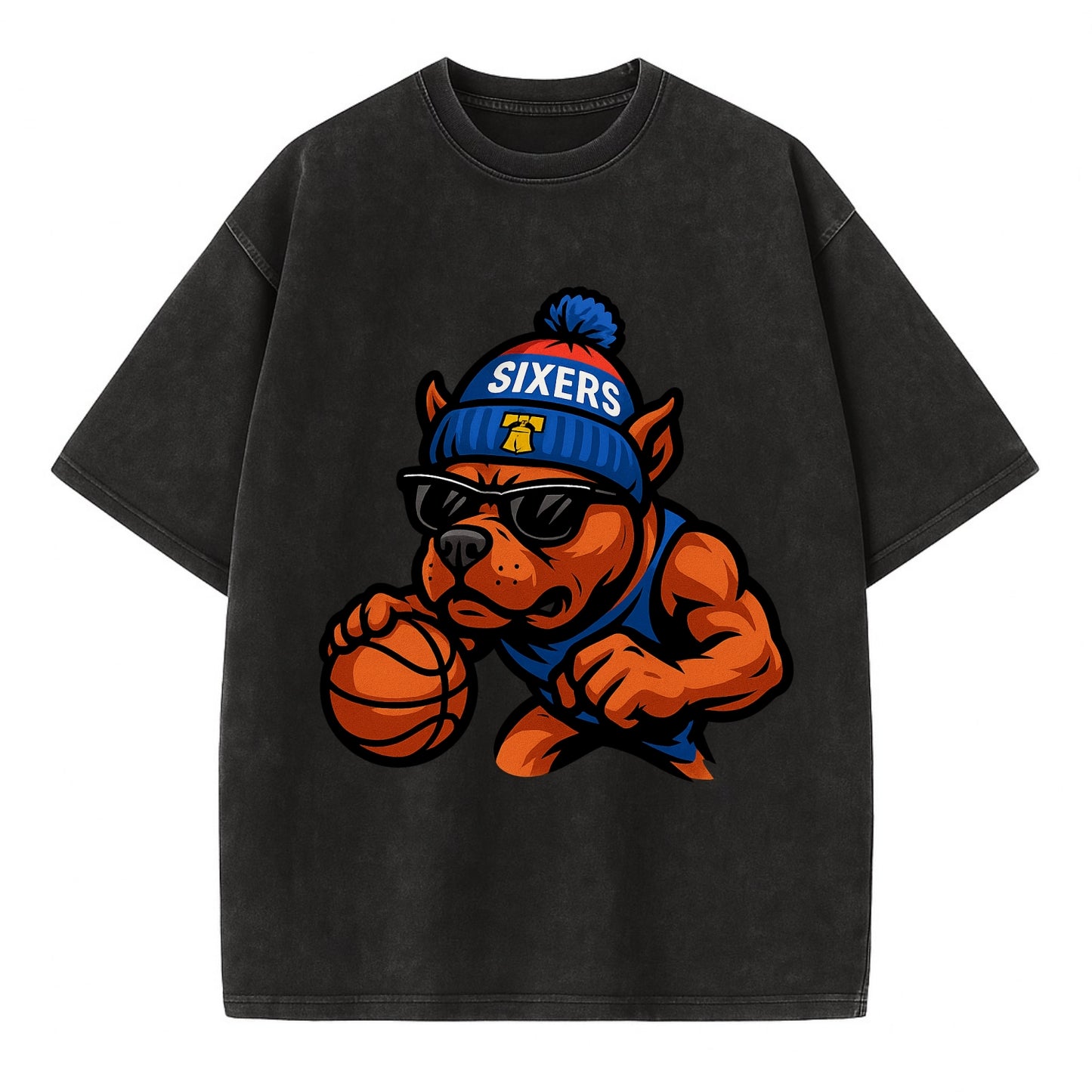 Philly Pitbull wearing Sixers beanie with Liberty Bell and wayfarer sunglasses - Vintage T-shirt - Black