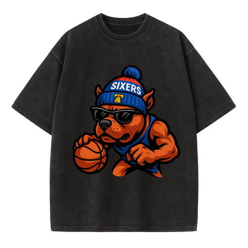 Philly Pitbull wearing Sixers beanie with Liberty Bell and wayfarer sunglasses - Vintage T-shirt