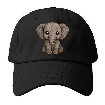 Baby Elephant - gray wrinkly, tiny trunk, large floppy ears, kind dark eyes, - Baseball Cap - Black
