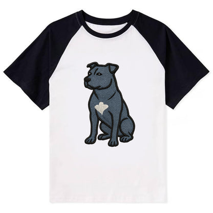 American Staffordshire Terrier - Blue embroidered design - Contrast Raglan T-shirt - Black