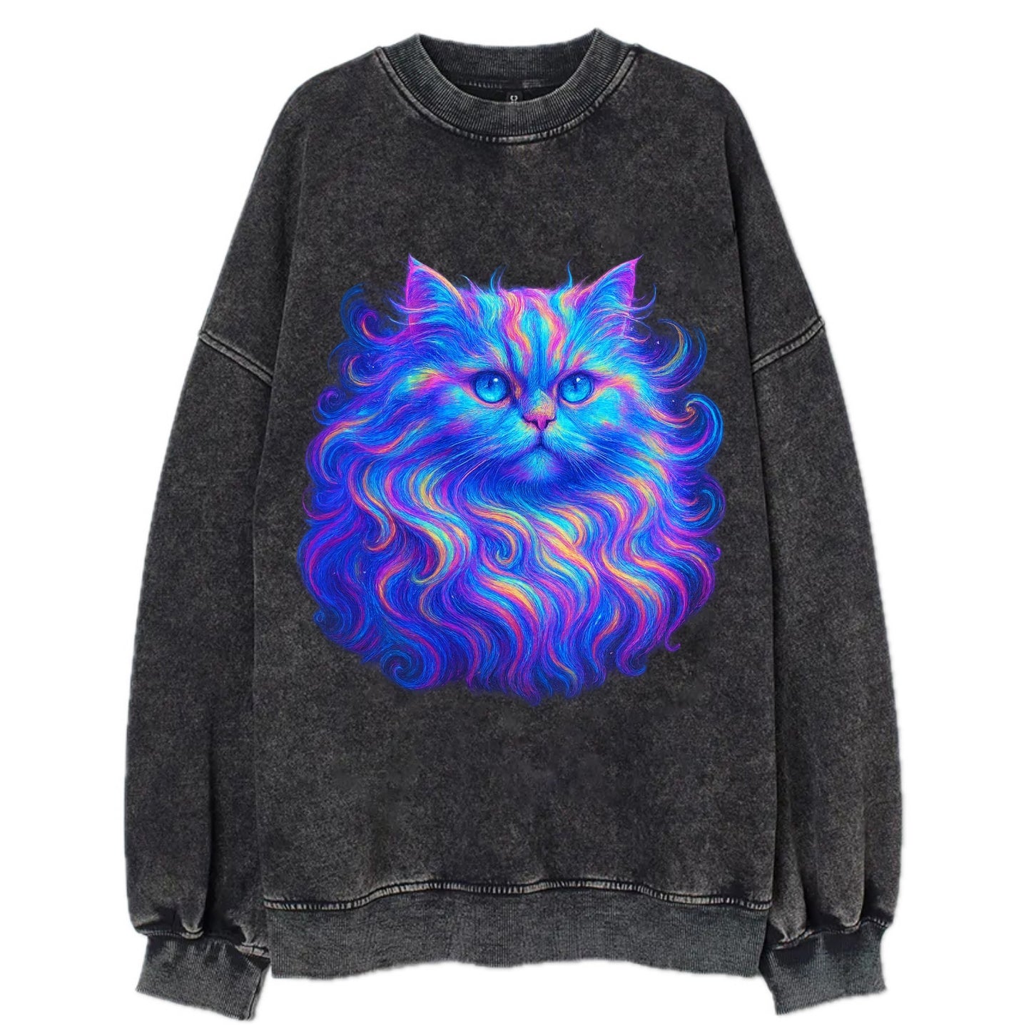 Luxurious Persian cat with flowing fur that refracts into rainbow prisms, soft - Vintage Sweatshirt - Black