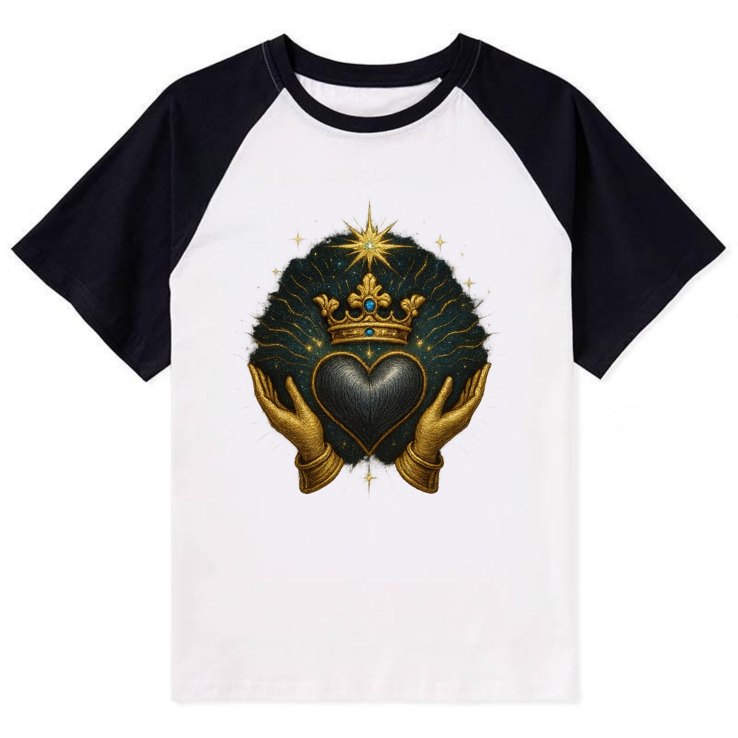 Pearl-studded tiara atop a satin-gunmetal heart supported by elegant - Contrast Raglan T-shirt - Black