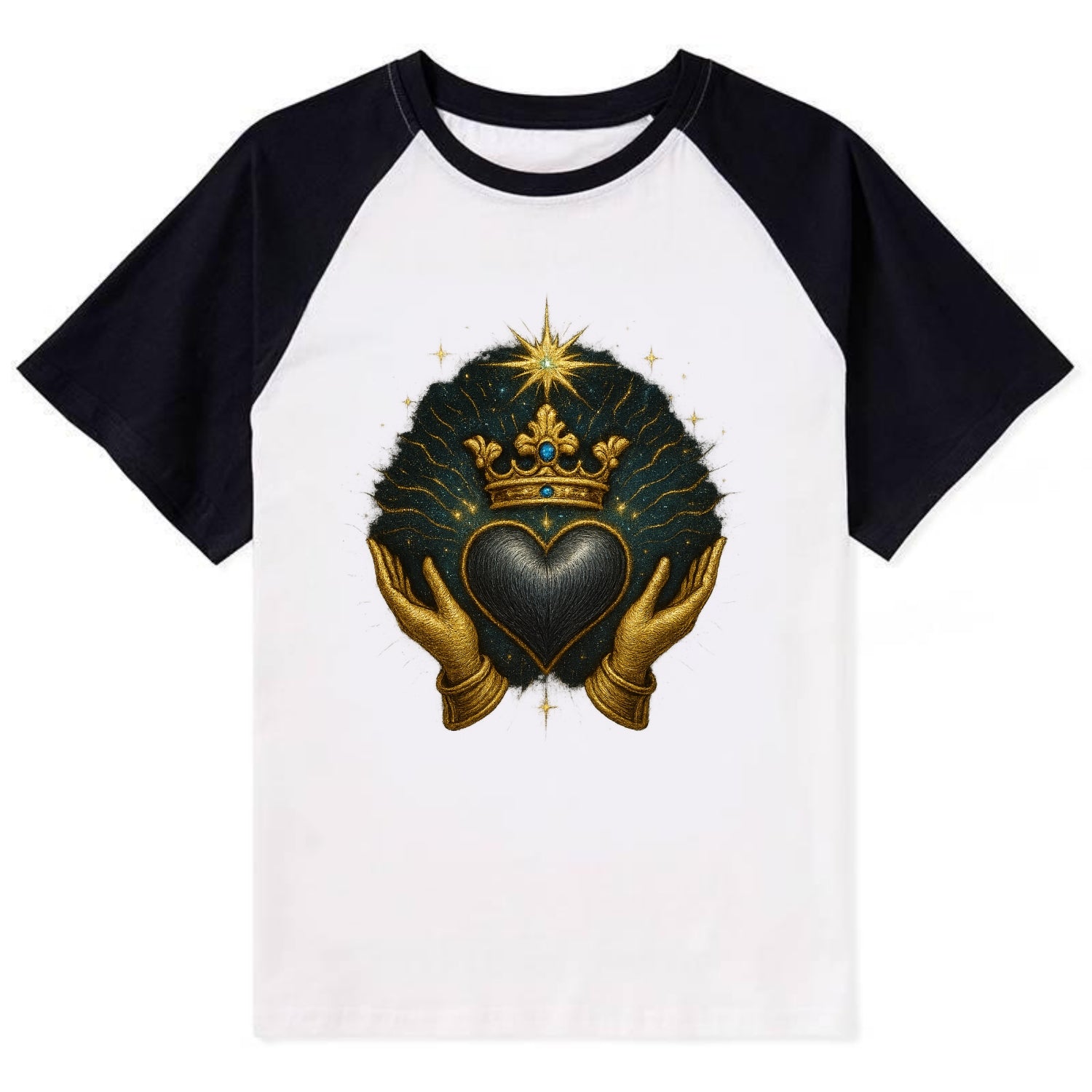 Pearl-studded tiara atop a satin-gunmetal heart supported by elegant - Contrast Raglan T-shirt - Black