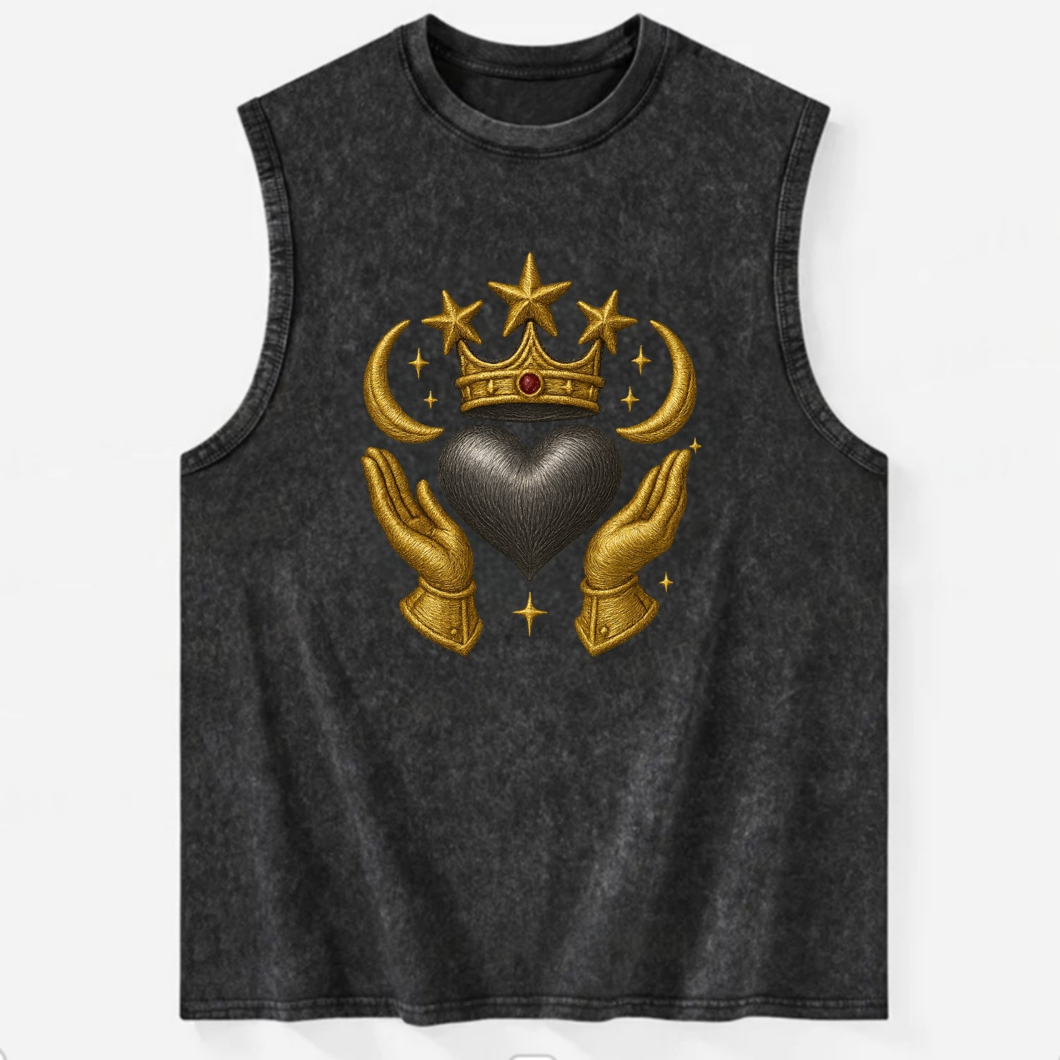 Sun goddess crown radiating golden rays over a midnight heart with - Vintage Washed Tank - Black