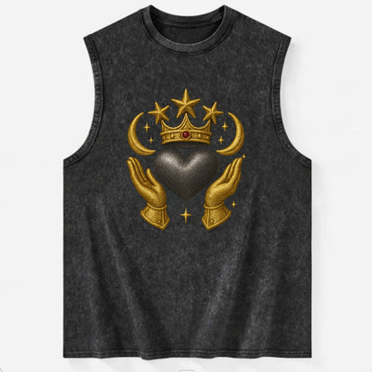 Sun goddess crown radiating golden rays over a midnight heart with - Vintage Washed Tank - Black
