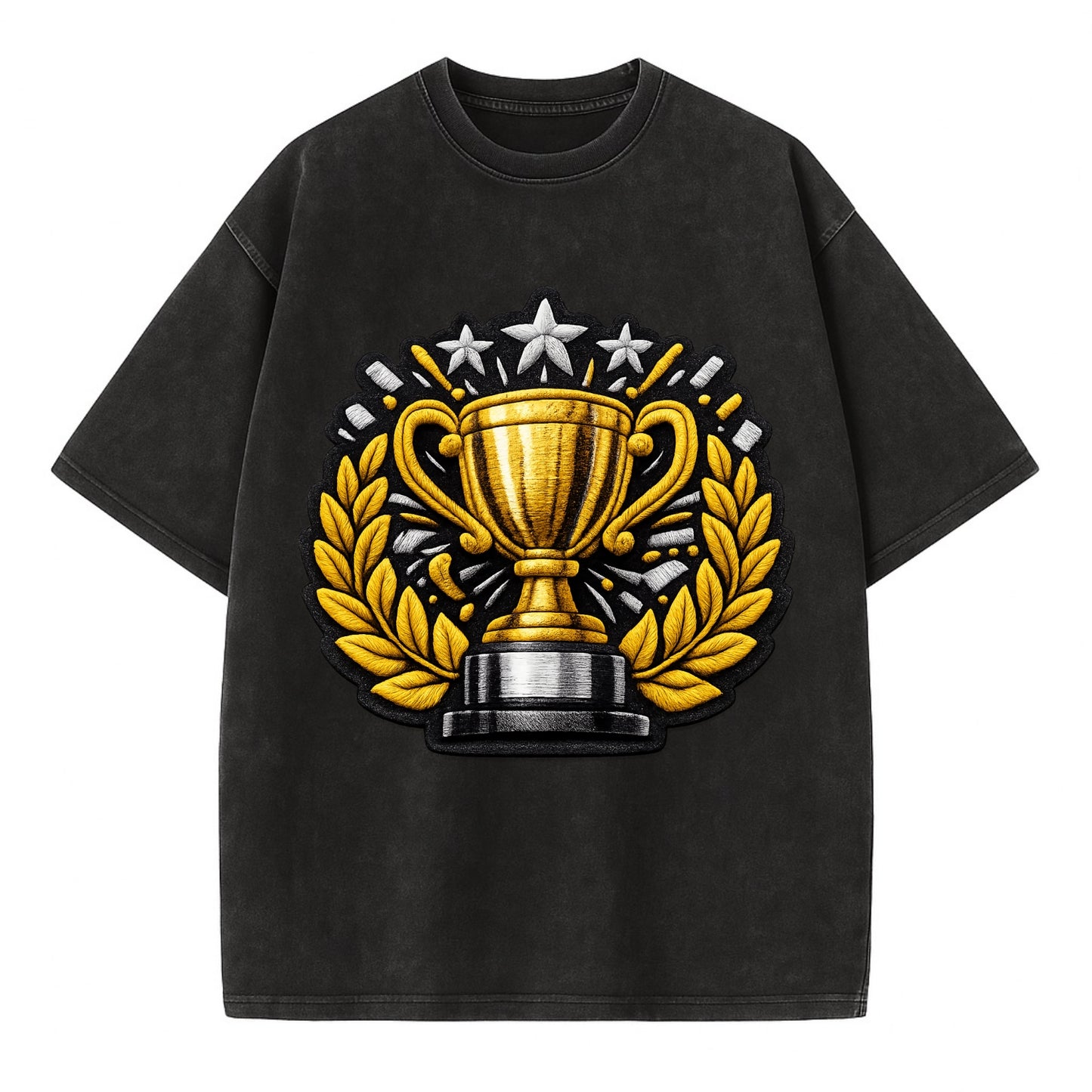 Embroidered patch design - CHAMPIONSHIP TROPHY - golden trophy cup with laurels - Vintage T-shirt - Black