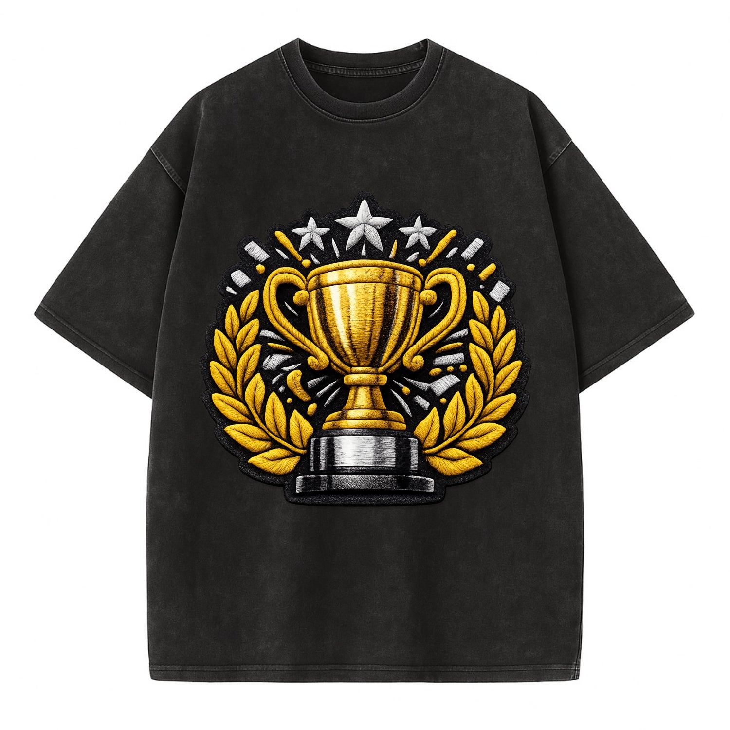 Embroidered patch design - CHAMPIONSHIP TROPHY - golden trophy cup with laurels - Vintage T-shirt - Black