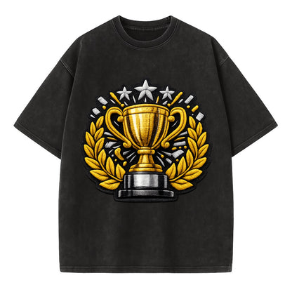 Embroidered patch design - CHAMPIONSHIP TROPHY - golden trophy cup with laurels - Vintage T-shirt - Black