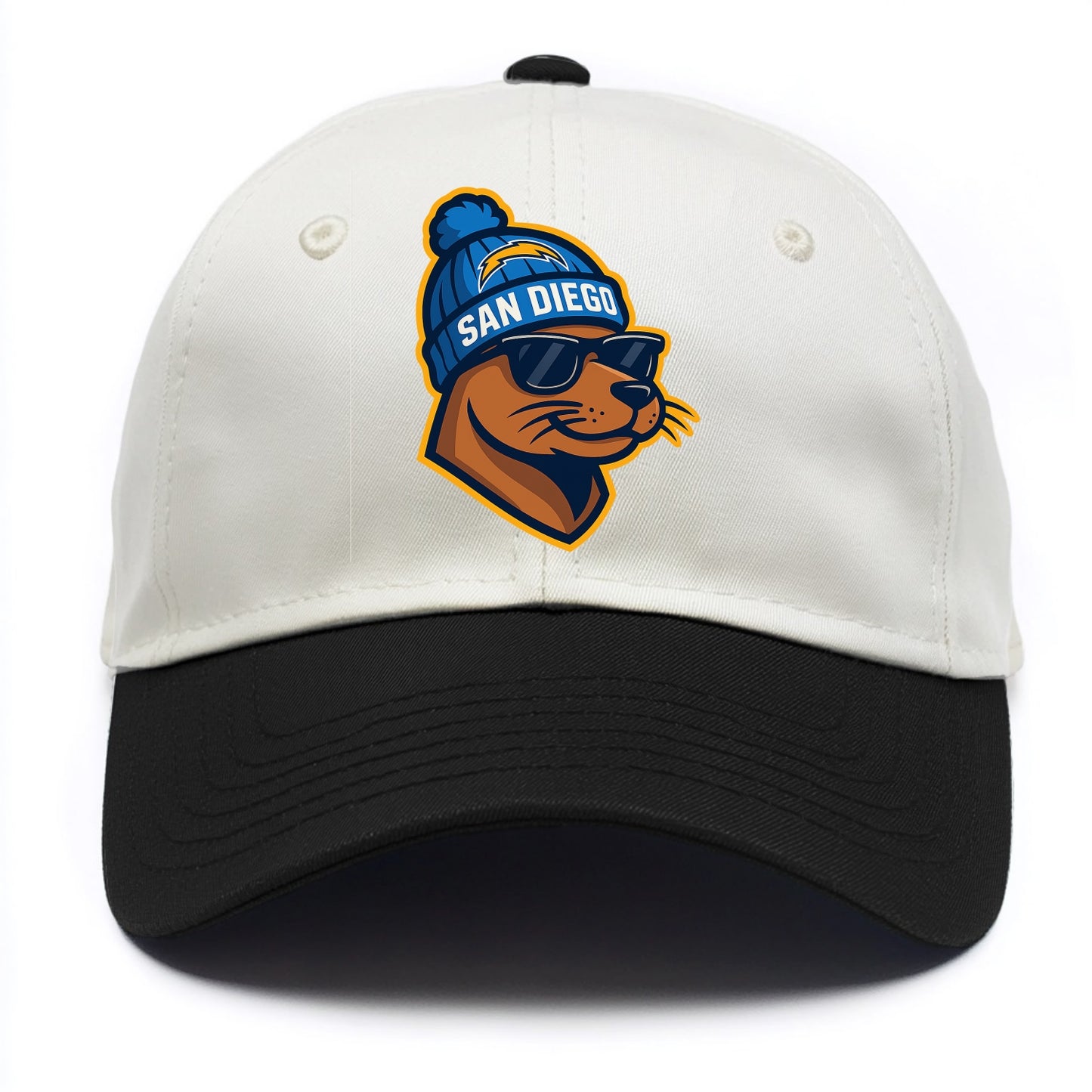 San Diego Sea Lion wearing Chargers beanie with bolt patch and wayfarer sunglasses - Two Tone Cap - Black