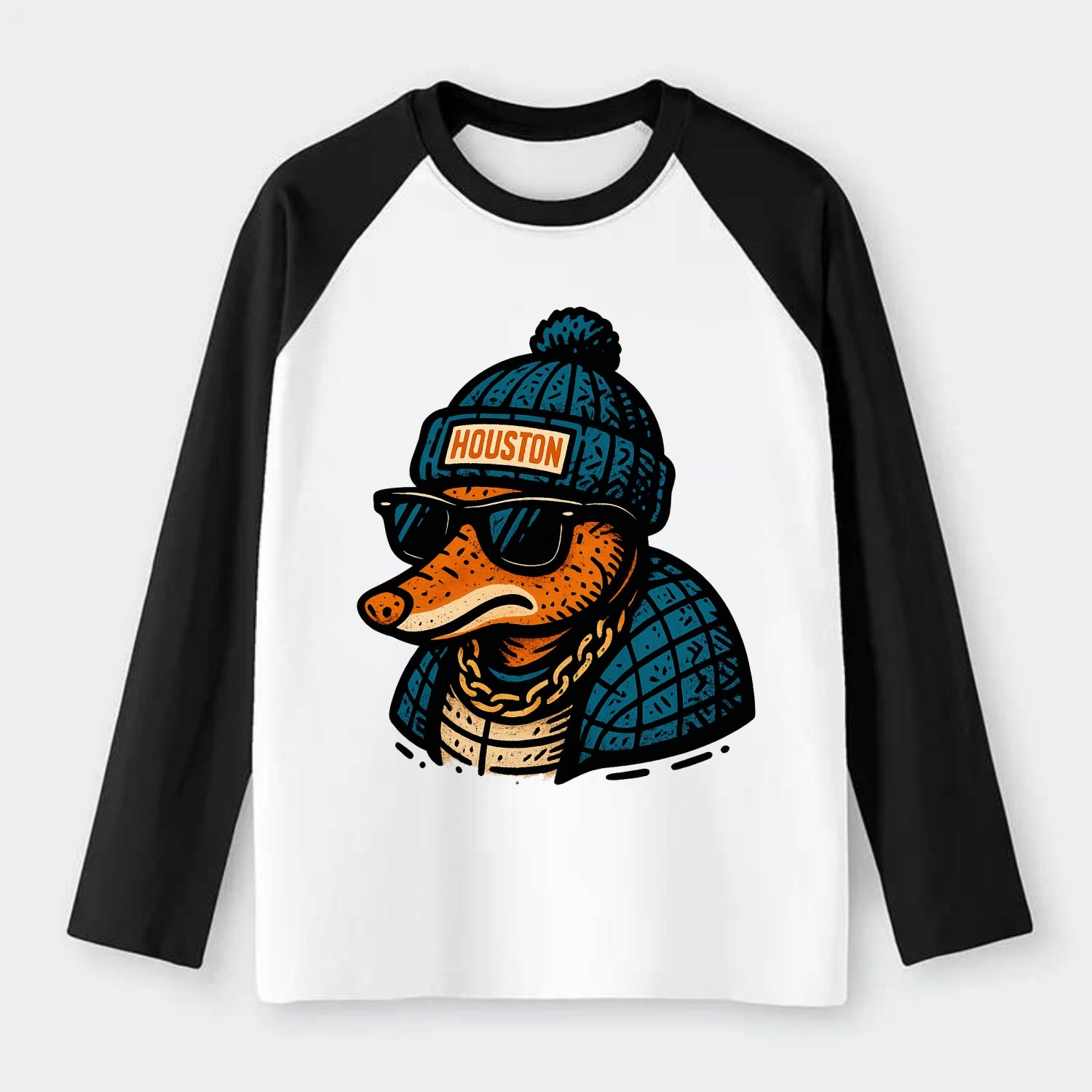 Houston Armadillo wearing Houston beanie with pom pom and wayfarer - Raglan Long Sleeve T-Shirt - Black