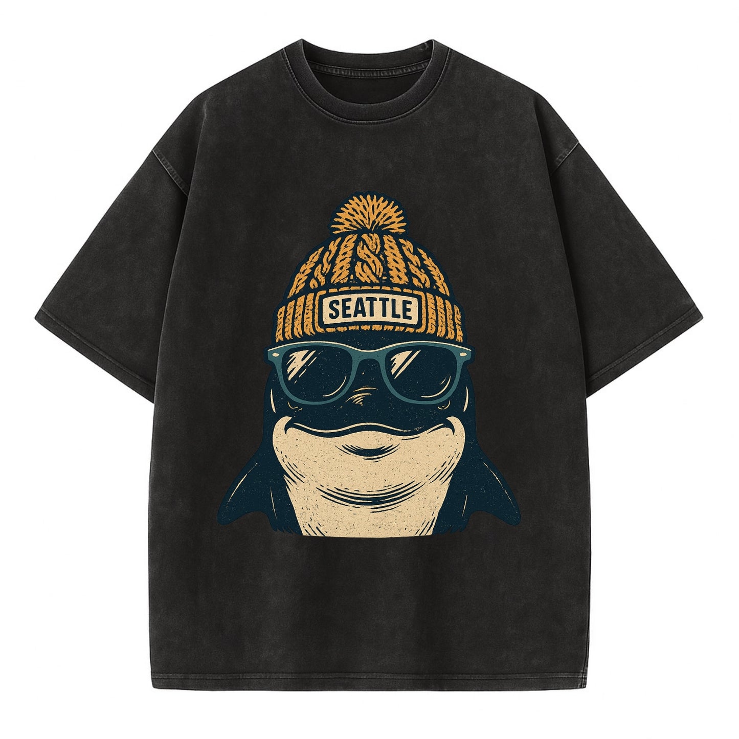 Seattle Orca wearing Seattle beanie with pom pom and wayfarer sunglasses - Vintage T-shirt - Black