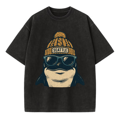 Seattle Orca wearing Seattle beanie with pom pom and wayfarer sunglasses - Vintage T-shirt - Black
