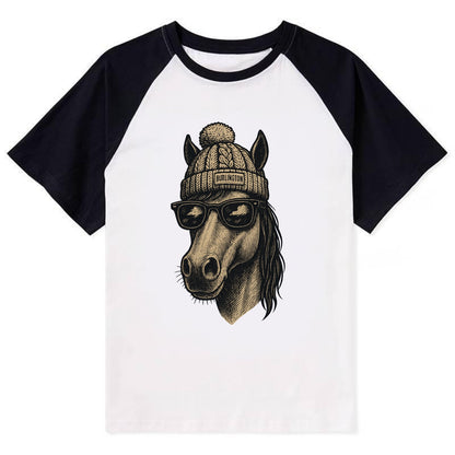 Vermont Morgan Horse wearing Burlington beanie with pom pom and wayfarer - Contrast Raglan T-shirt - Black