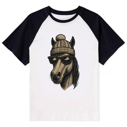 Vermont Morgan Horse wearing Burlington beanie with pom pom and wayfarer - Contrast Raglan T-shirt