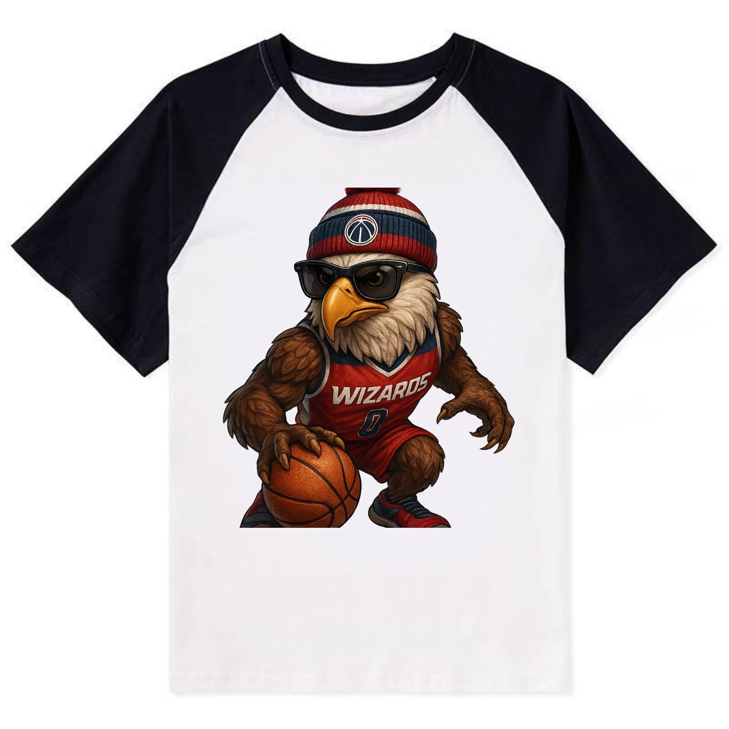 DC Eagle wearing Wizards red white and blue beanie with monument patch - Contrast Raglan T-shirt - Black