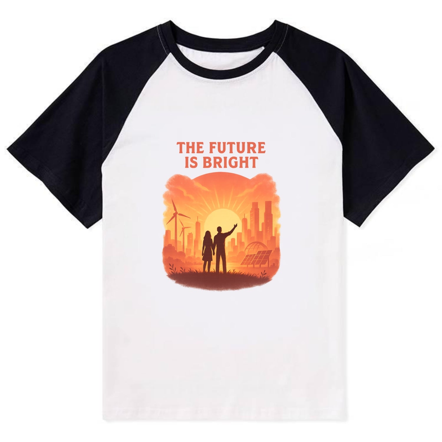 Sunrise over thriving sustainable city - "The Future is Bright" - - Contrast Raglan T-shirt - Black