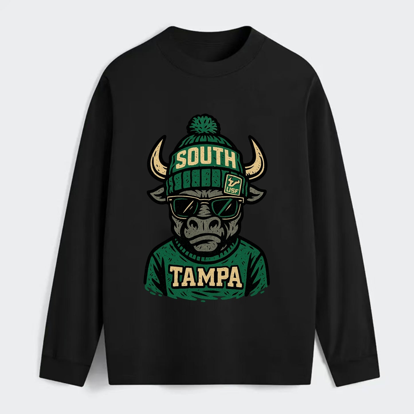 Tampa Bull wearing South Florida beanie with USF patch - Classic Long Sleeve Shirt - Black