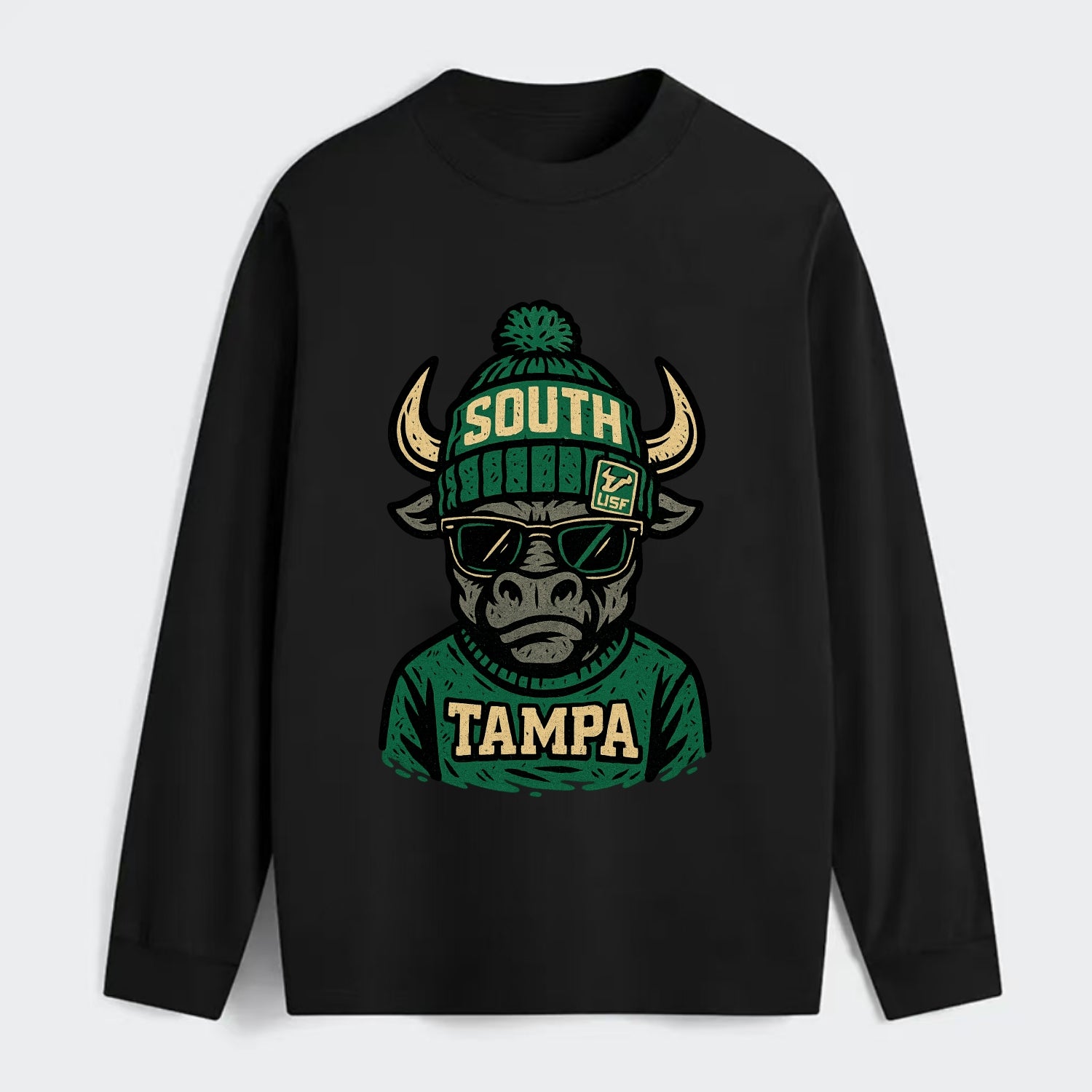 Tampa Bull wearing South Florida beanie with USF patch - Classic Long Sleeve Shirt - Black