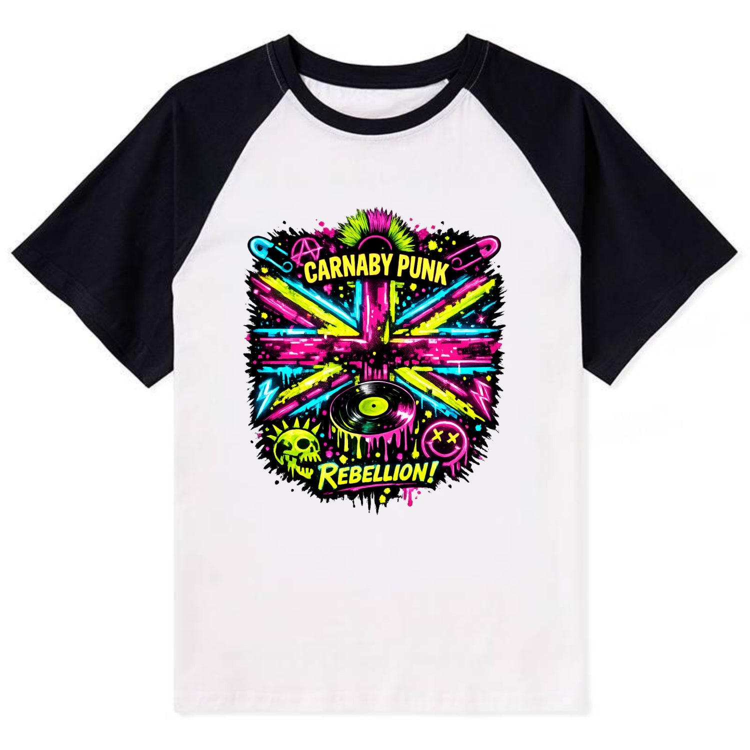 CARNABY PUNK | Swinging 60s meets 70s punk | Psychedelic Union Jack - Contrast Raglan T-shirt - Black