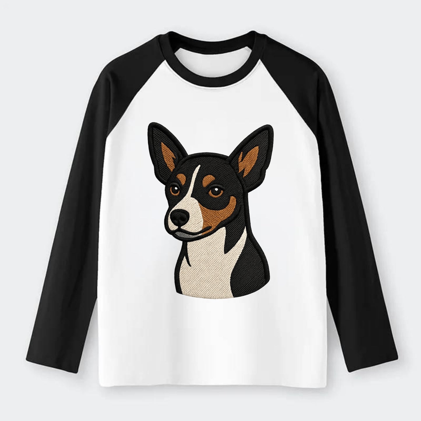 Rat Terrier - Tri-color embroidered pose - Raglan Long Sleeve T-Shirt - Black