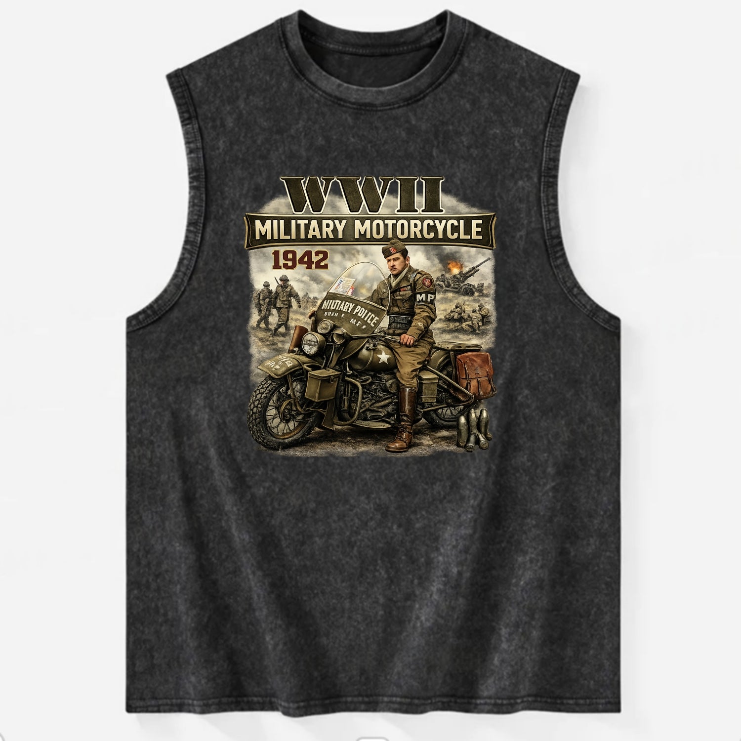 Wwii Military Motorcycle 1942 - Vintage Washed Tank - Black