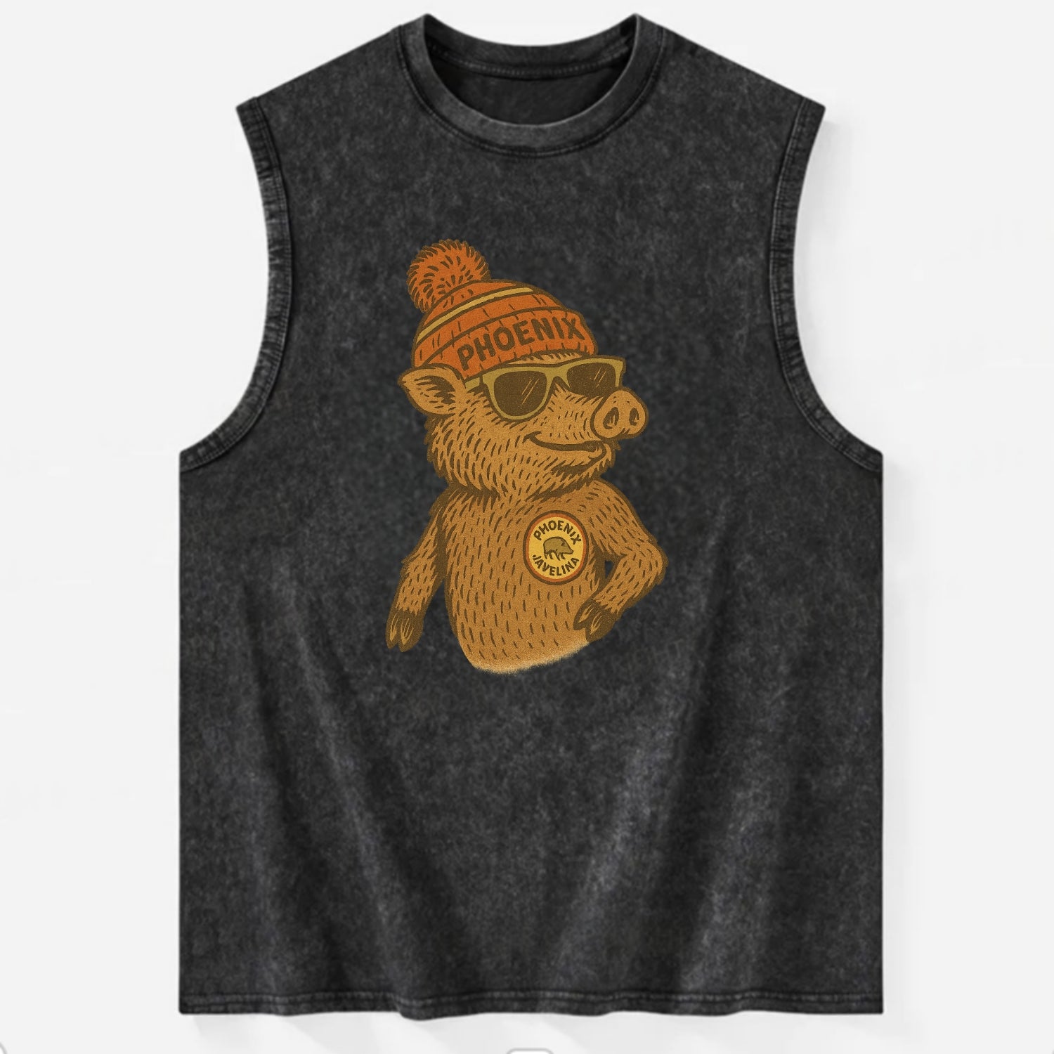 Phoenix Javelina wearing Phoenix beanie with pom pom and wayfarer sunglasses - Vintage Washed Tank - Black