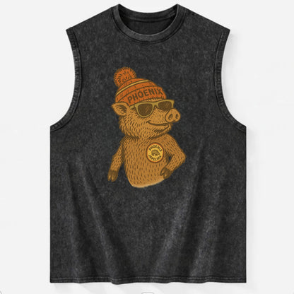 Phoenix Javelina wearing Phoenix beanie with pom pom and wayfarer sunglasses - Vintage Washed Tank - Black