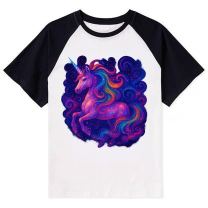 Magical unicorn with flowing rainbow gradient mane, iridescent horn with - Contrast Raglan T-shirt - Black