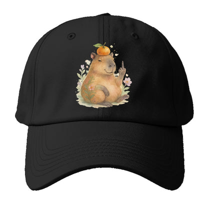 chonky capybara relaxing with orange on head, one webbed middle finger up - Baseball Cap - Black