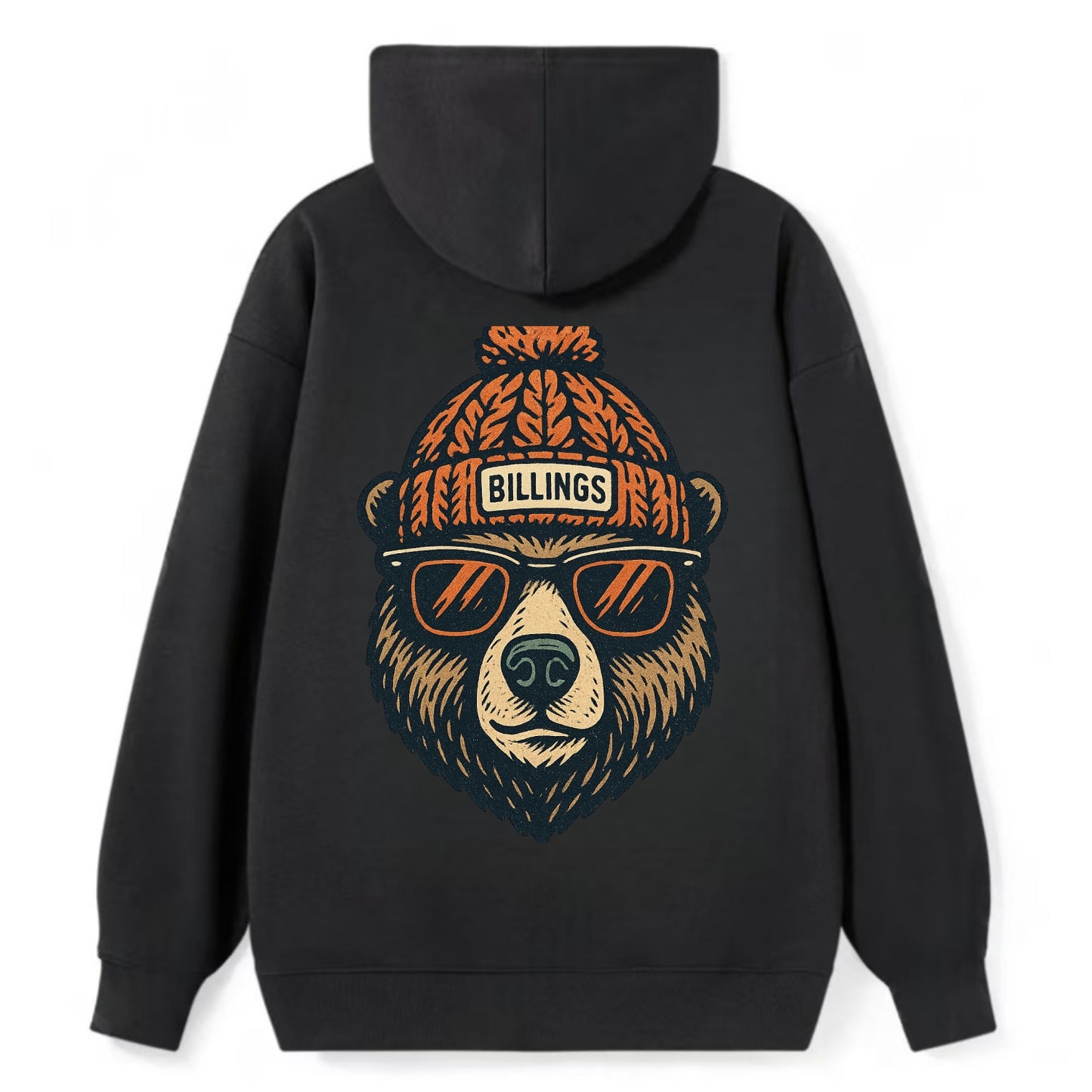 Montana Grizzly Bear wearing Billings beanie with pom pom and wayfarer - Classic Pullover Hoodie - Black