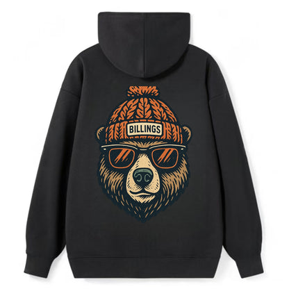 Montana Grizzly Bear wearing Billings beanie with pom pom and wayfarer - Classic Pullover Hoodie - Black