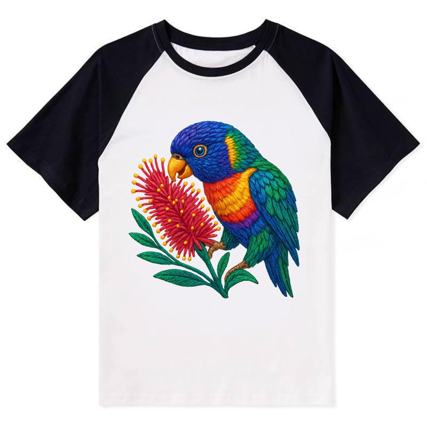 Rainbow Lorikeet Bottlebrush - Contrast Raglan T-shirt - Black