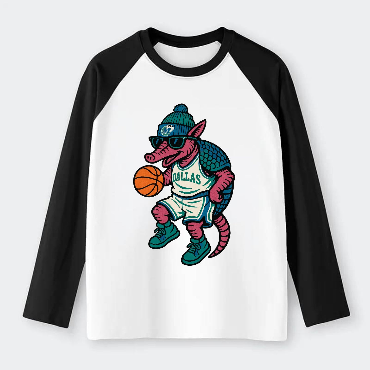 Dallas Armadillo wearing Mavericks beanie with cowboy hat patch and - Raglan Long Sleeve T-Shirt - Black