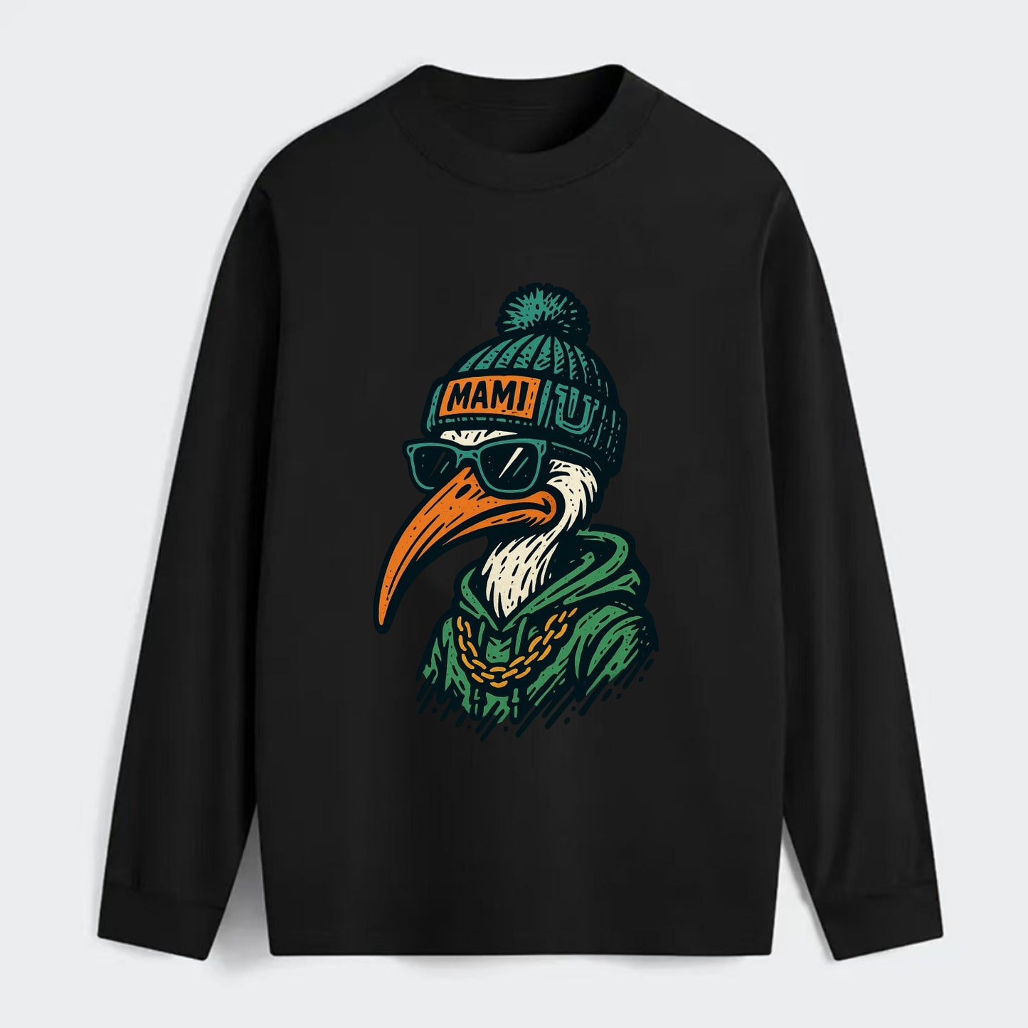 Coral Gables Ibis wearing Miami beanie with U patch - Classic Long Sleeve Shirt - Black