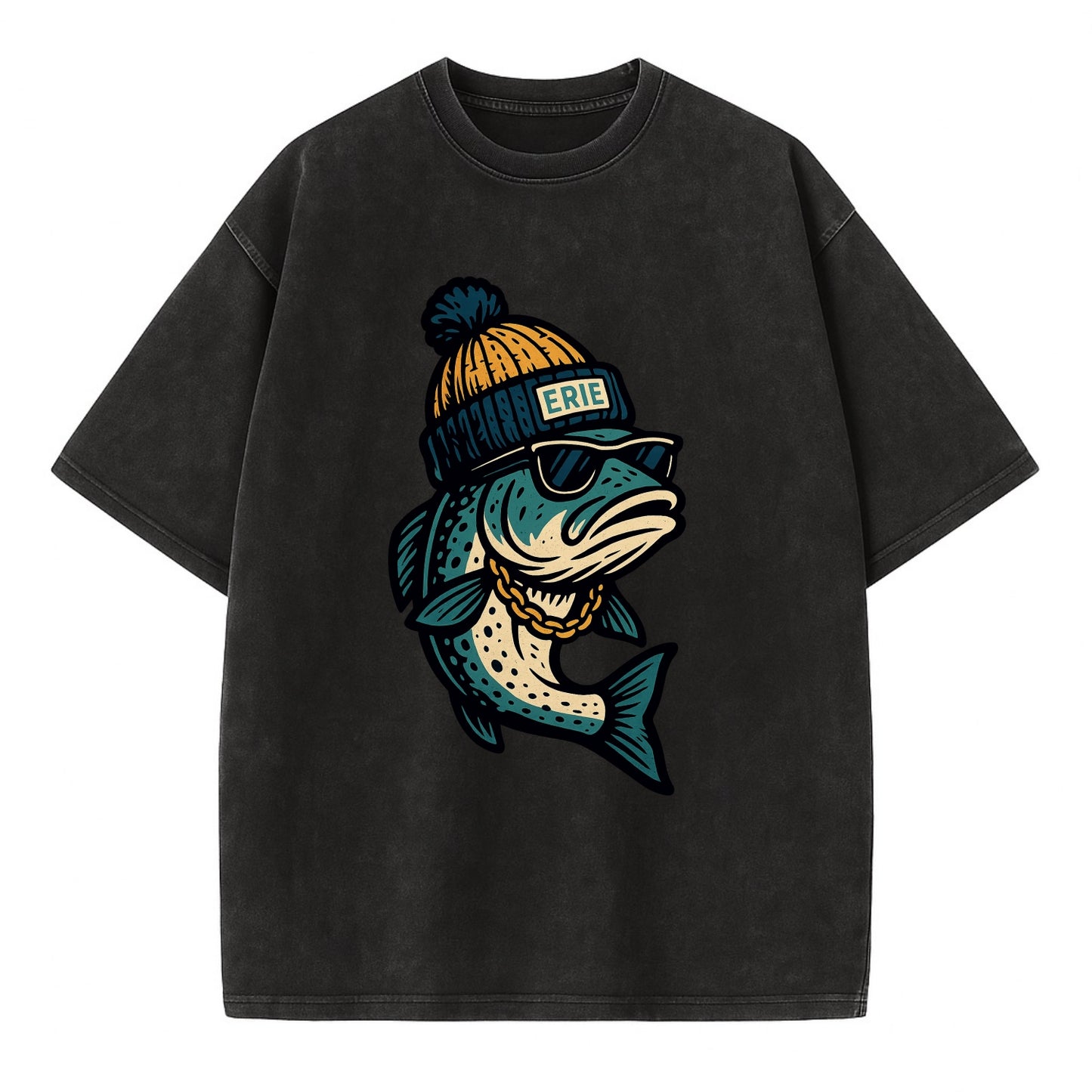 Erie Lake Trout wearing Erie beanie with - Vintage T-shirt - Black