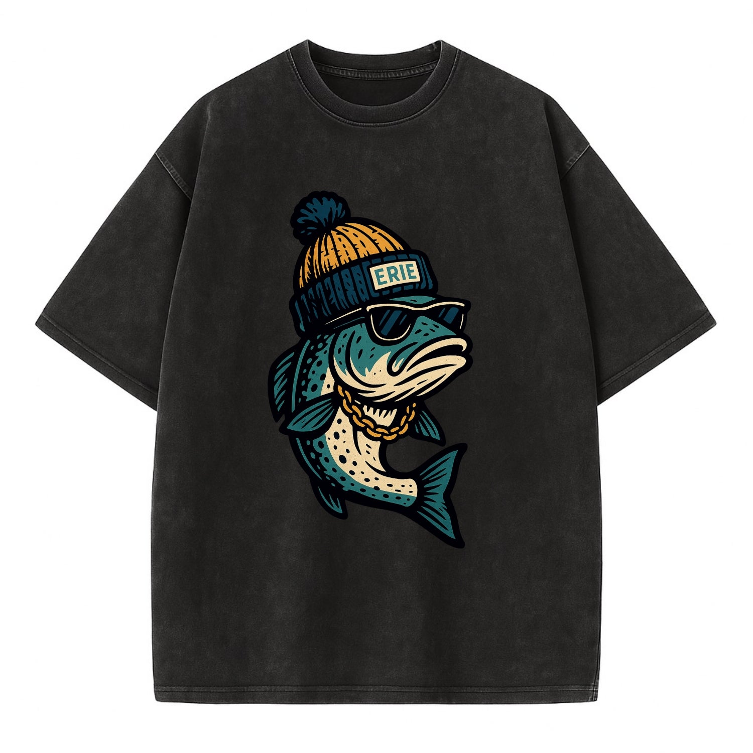 Erie Lake Trout wearing Erie beanie with - Vintage T-shirt - Black