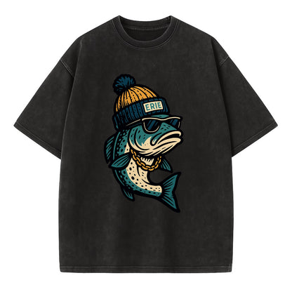 Erie Lake Trout wearing Erie beanie with - Vintage T-shirt - Black