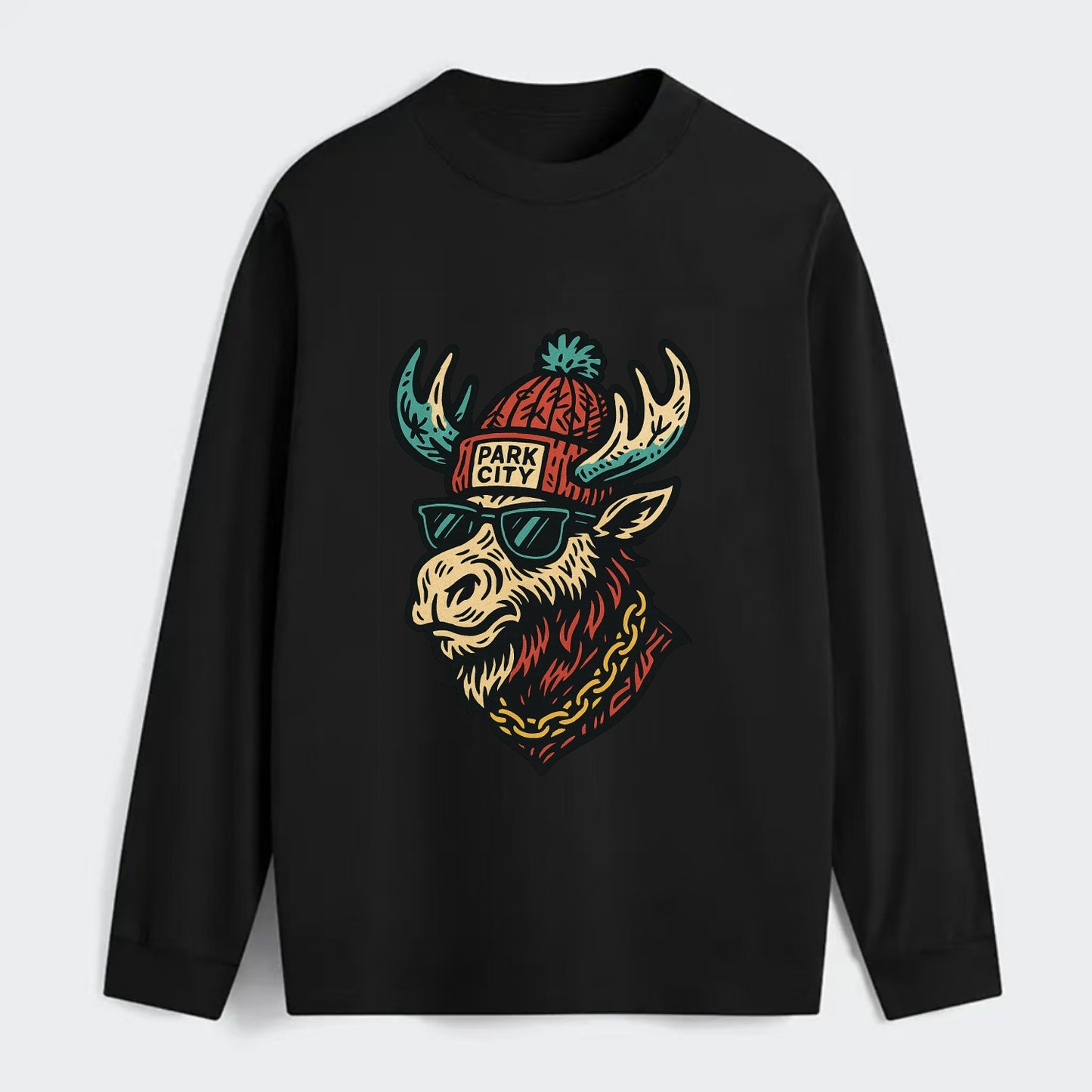 Park City Moose wearing Park City beanie with pom pom and wayfarer - Classic Long Sleeve Shirt - Black