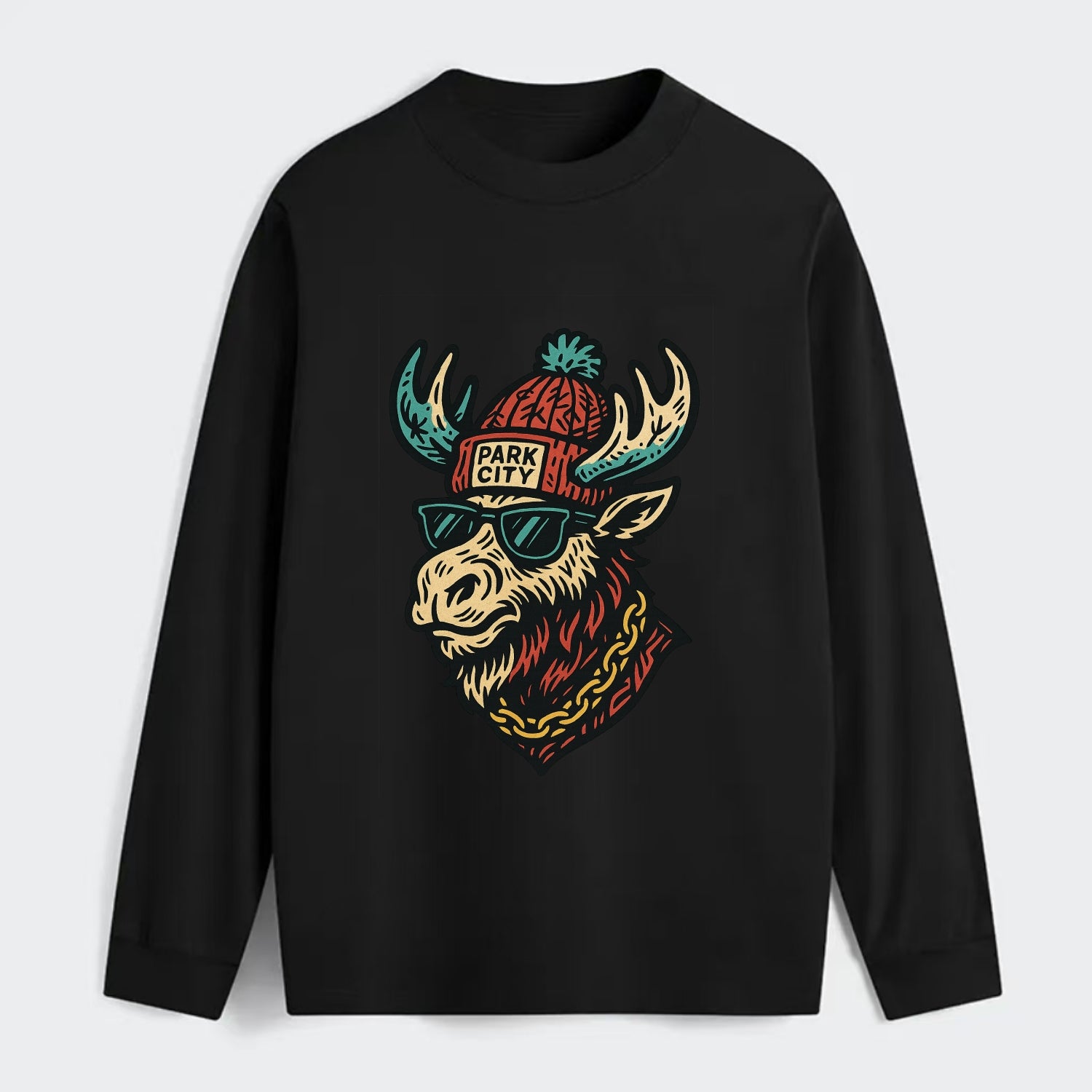 Park City Moose wearing Park City beanie with pom pom and wayfarer - Classic Long Sleeve Shirt - Black