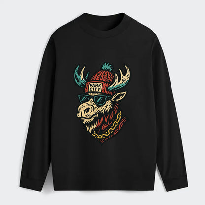 Park City Moose wearing Park City beanie with pom pom and wayfarer - Classic Long Sleeve Shirt - Black