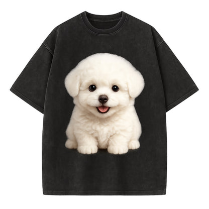 Baby Bichon Frise Puppy - white puffy cloud, dark eyes, happy expression, - Vintage T-shirt - Black