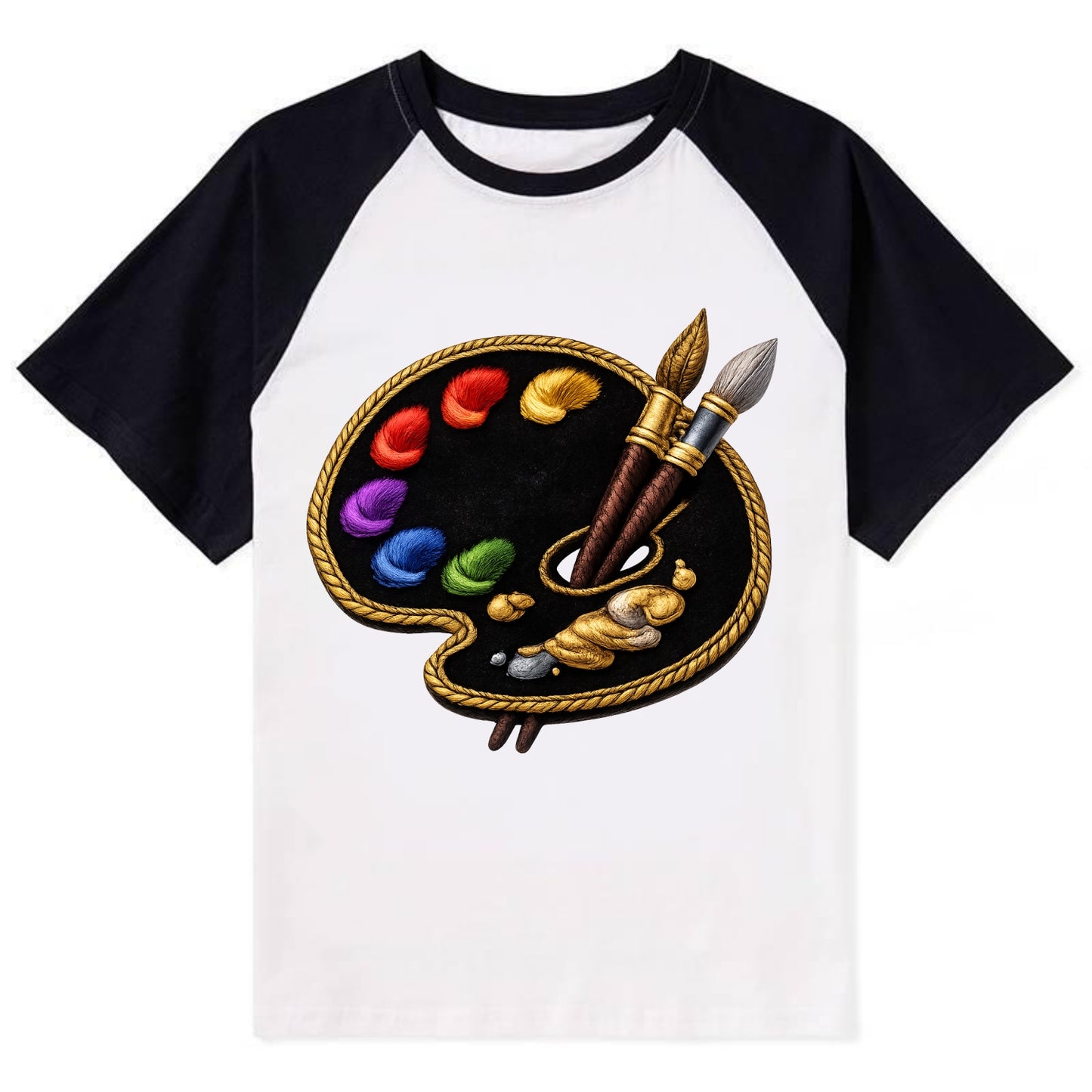 Embroidered patch design - PAINT PALETTE - artist palette with brushes in - Contrast Raglan T-shirt - Black