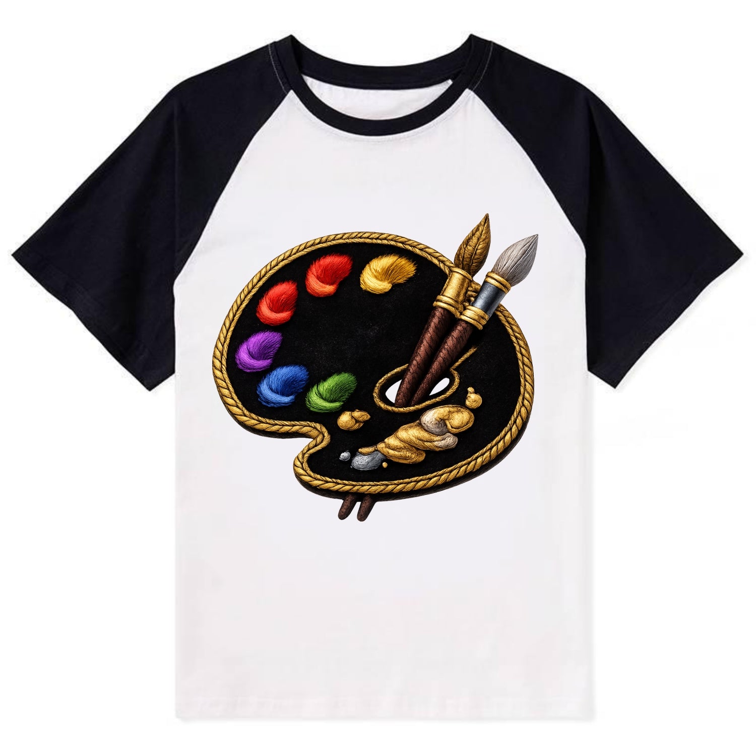 Embroidered patch design - PAINT PALETTE - artist palette with brushes in - Contrast Raglan T-shirt - Black