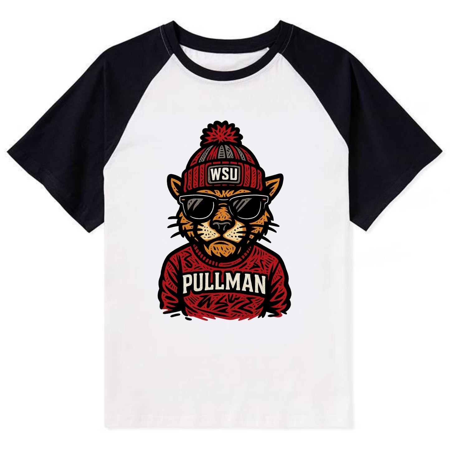 Pullman Cougar wearing Washington State beanie with WSU patch - Contrast Raglan T-shirt - Black