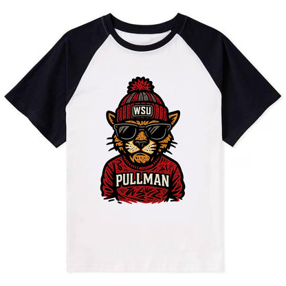 Pullman Cougar wearing Washington State beanie with WSU patch - Contrast Raglan T-shirt - Black