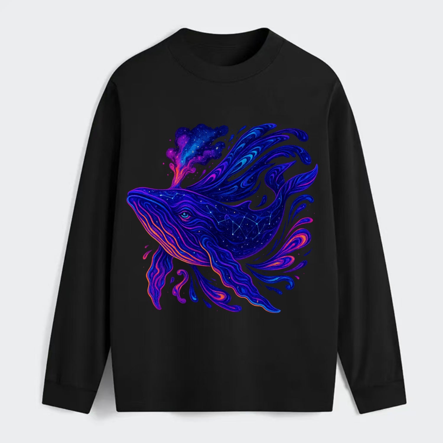 Majestic whale with body composed of galaxy clusters, stellar fins - Classic Long Sleeve Shirt - Black