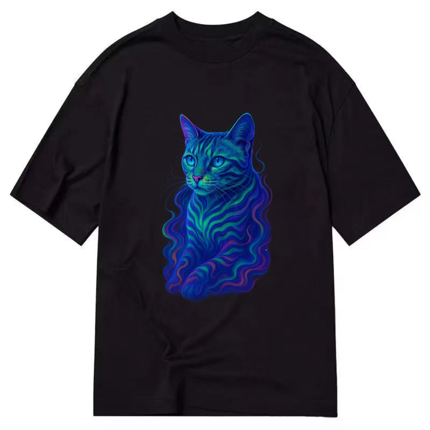 Exotic Bengal cat with aurora borealis colors flowing through its stripes, green - Classic T-shirt - Black
